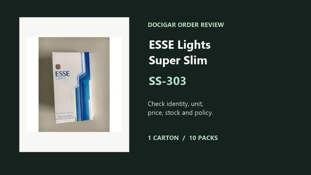 DoCigar pre-order review graphic with the live ESSE Lights Super Slim image, SS-303 and a one-carton checklist